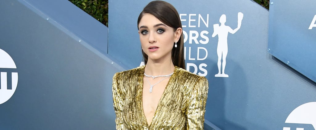 Natalia Dyer Gold Saint Laurent Dress at the SAG Awards