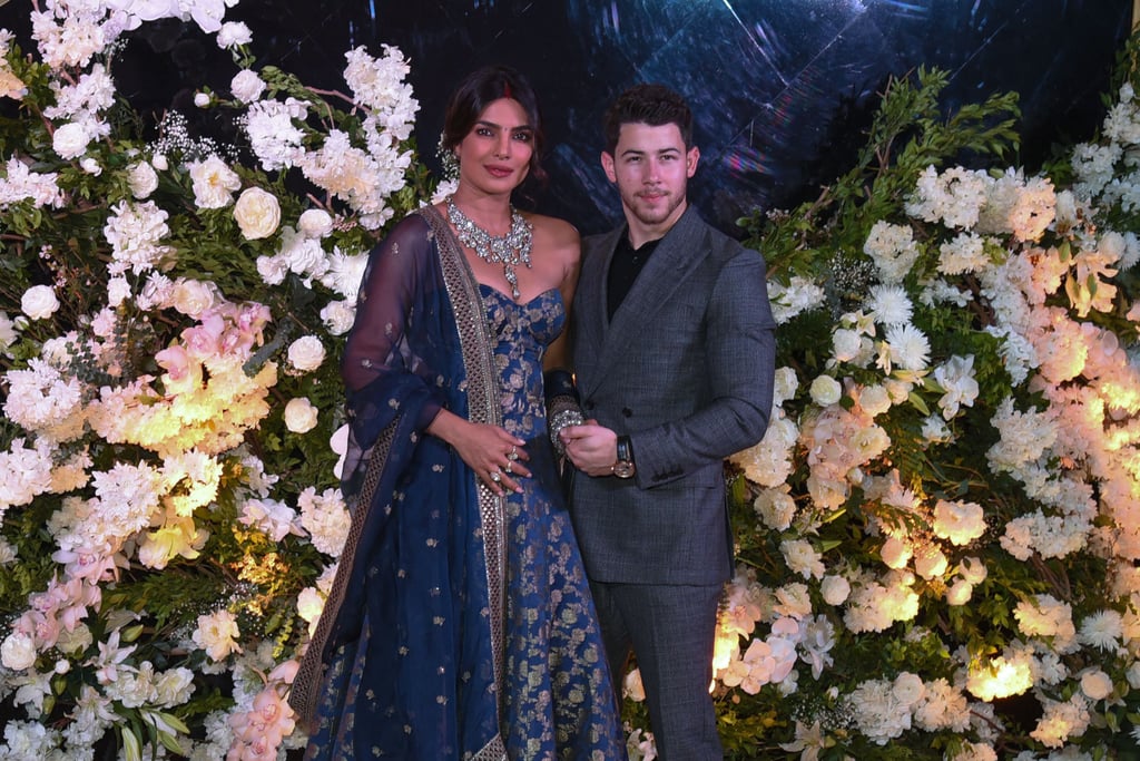 For their second reception party in Mumbai, Priyanka wore a gorgeous midnight blue outfit with a sparkling necklace by Sabyasachi.