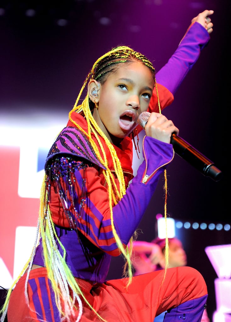 Waist-skimming yellow cornrows help Willow whip her hair back and forth with finesse.