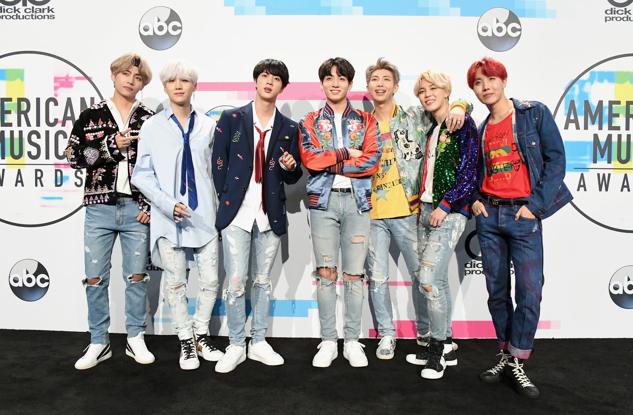 LOS ANGELES, CA - NOVEMBER 19:  BTS poses in the press room during the 2017 American Music Awards at Microsoft Theatre on November 19, 2017 in Los Angeles, California.  (Photo by Steve Granitz/WireImage)