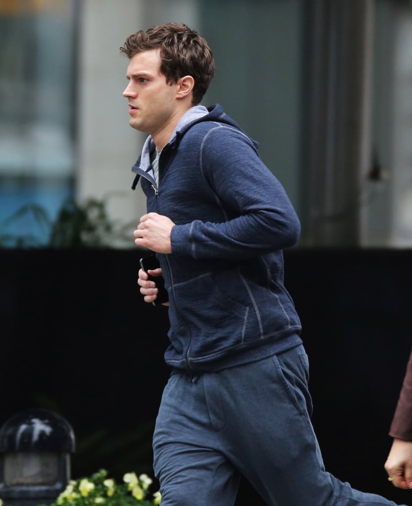 Jamie Dornan increased his heart rate while filming the Fifty Shades of Grey movie in Vancouver, British Columbia, Canada, on Wednesday.