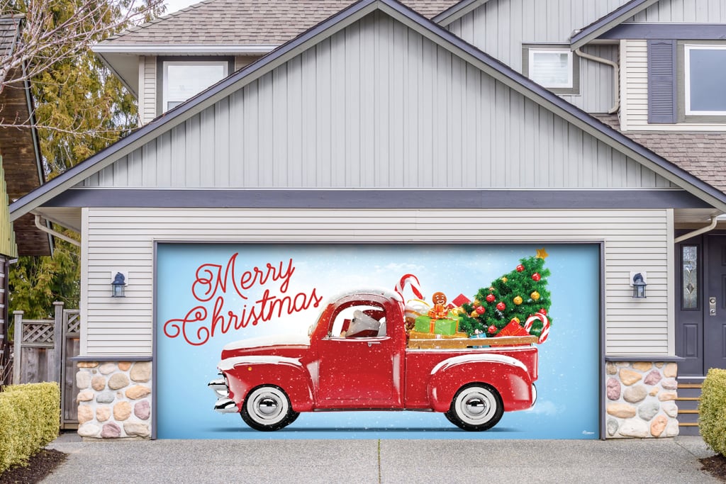 Red Truck Christmas Garage Banner Door Mural