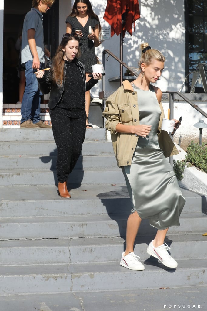 Hailey Baldwin Silver Slip Dress With Justin Bieber's Mom