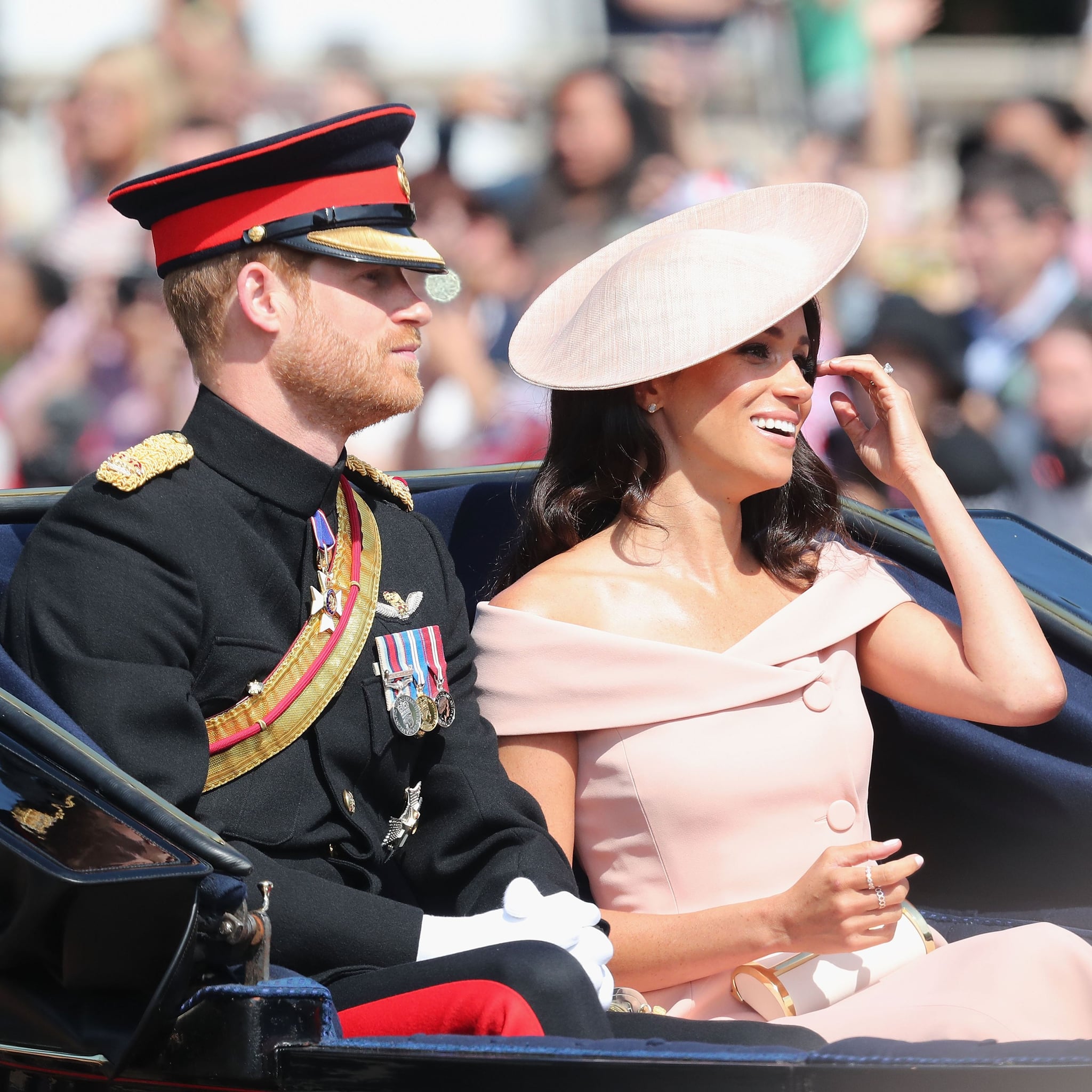 Meghan markle pink top off shoulder dress