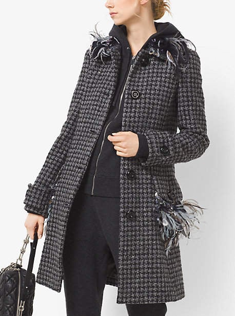 Michael Kors Feather-Embroidered Houndstooth Tweed Coat