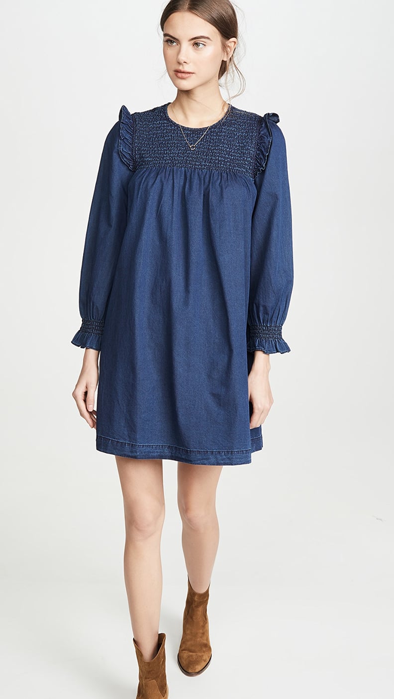 Madewell Indigo Ruffle Neck Smocked Babydoll Dress