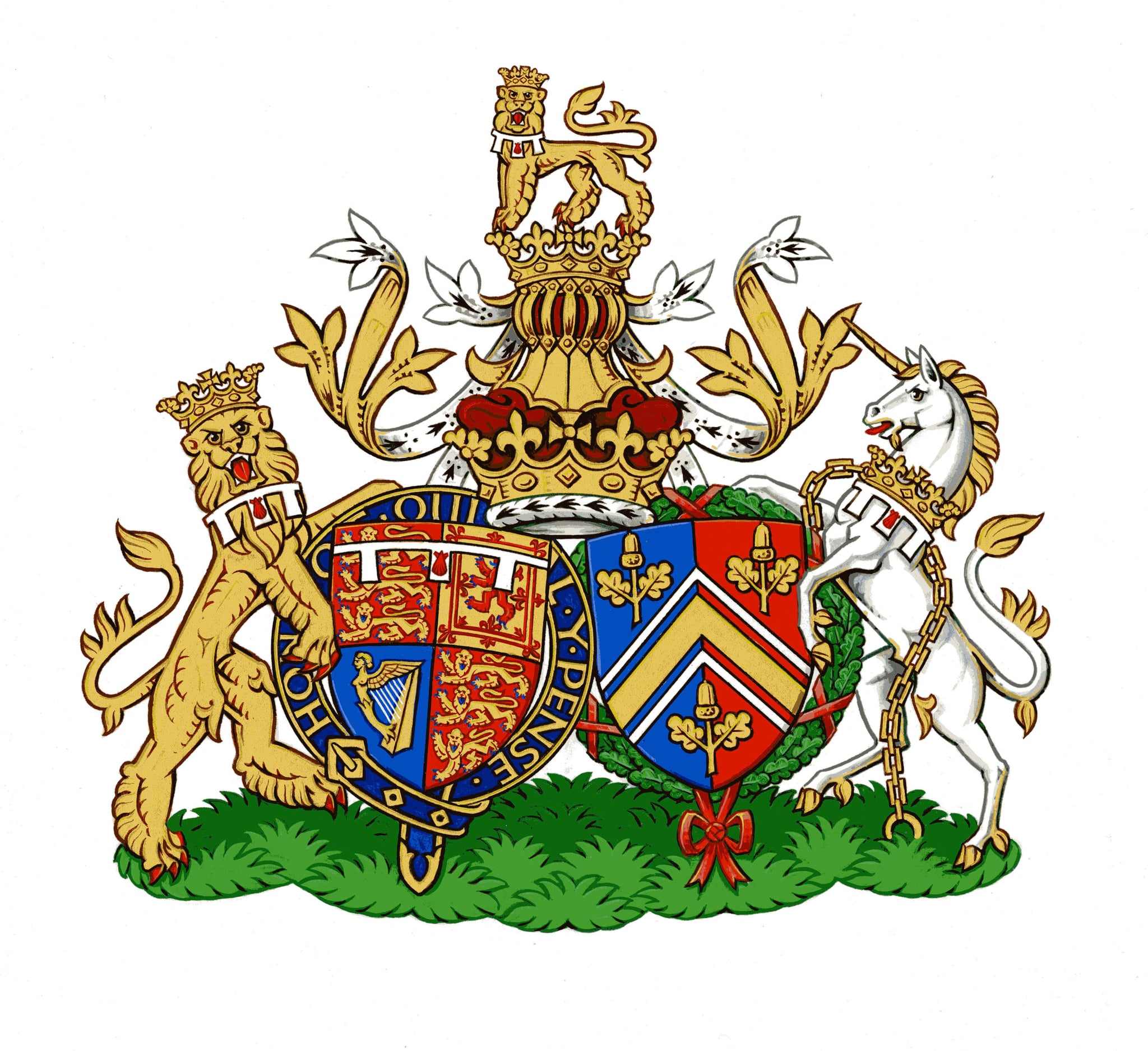 UNSPECIFIED, UNDATED: This undated handout image provided by Kensington Palace, London, England on September 27, 2013 depicts the new Conjugal Coat of Arms for Prince William, Duke of Cambridge and Catherine, Duchess of Cambridge of the United Kingdom, which will represent them in heraldic terms as a married couple. Designed by The College of Arms in London, Conjugal Arms traditionally show the separate shields of a royal husband and wife, side by side. The Duke's shield on the left is his version of the Royal Coat of Arms granted to him by Queen Elizabeth II on his 18th birthday. On the right, the Duchess's shield is from the Middleton family Coat of Arms, granted to the family in 2011 ahead of her marriage. (Photo by Kensington Palace via Getty Images)