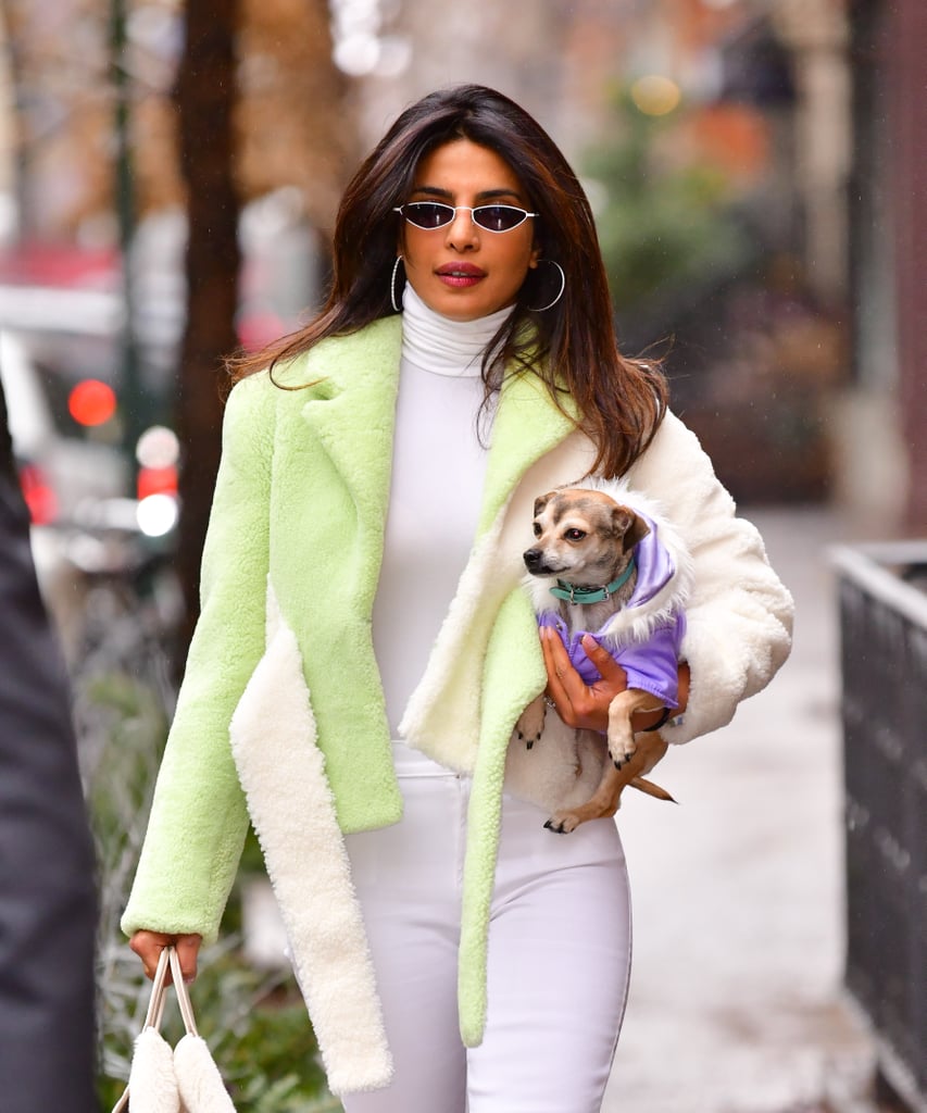 Priyanka Chopra Green Shearling Jacket in NYC December 2018