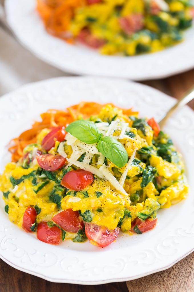 Veggie Scrambled Eggs With Aged White Cheddar