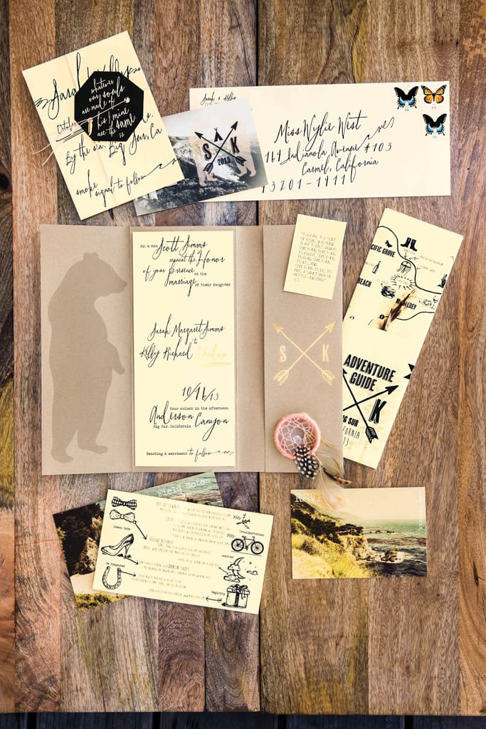 Vintage postcard-inspired invites and a hand-drawn map