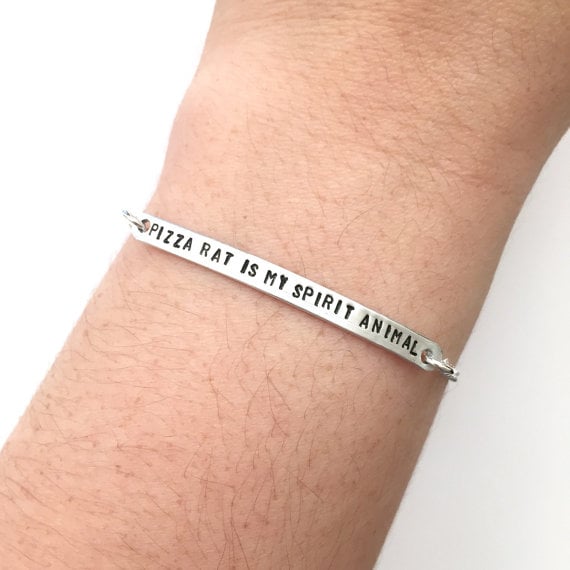 "Pizza Rat is My Spirit Animal" Engraved Stamped Bracelet with Pizza Slice Charm