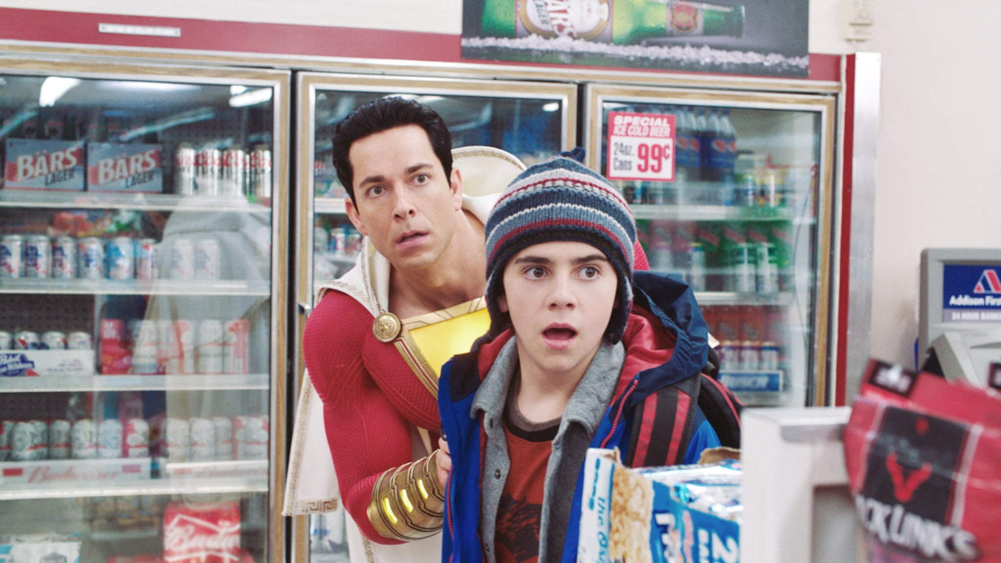 SHAZAM!, from left: Zachary Levi (as Shazam), Jack Dylan Grazer, 2019. ph: Steve Wilkie /  Warner Brothers / courtesy Everett Collection