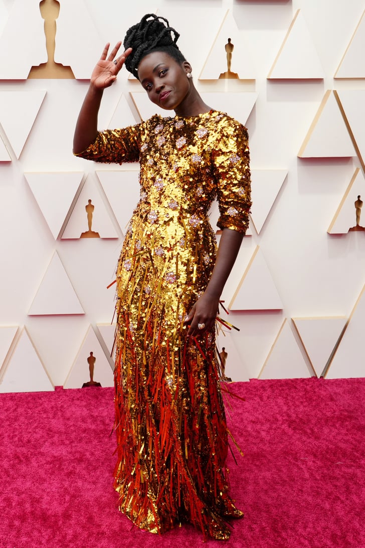 Lupita Nyongos Gold Fringe Prada Dress At The 2022 Oscars Popsugar Fashion Photo 10 
