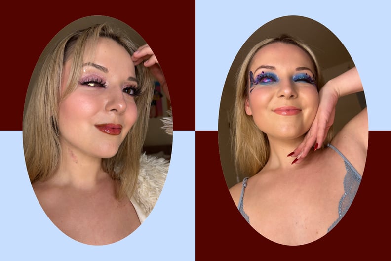 Makeup on a person with a prosthetic eye, showcasing partial blindness.