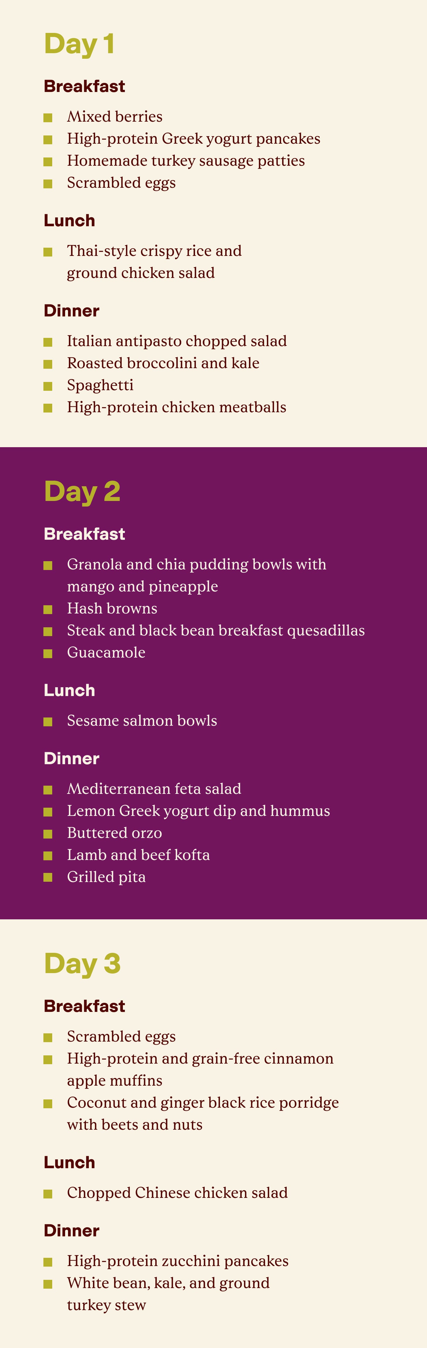 private chef's sample menu for athletes