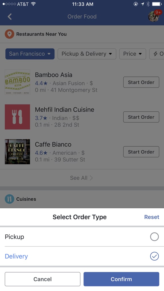You can narrow down your options with the filters at the top like pickup or delivery.