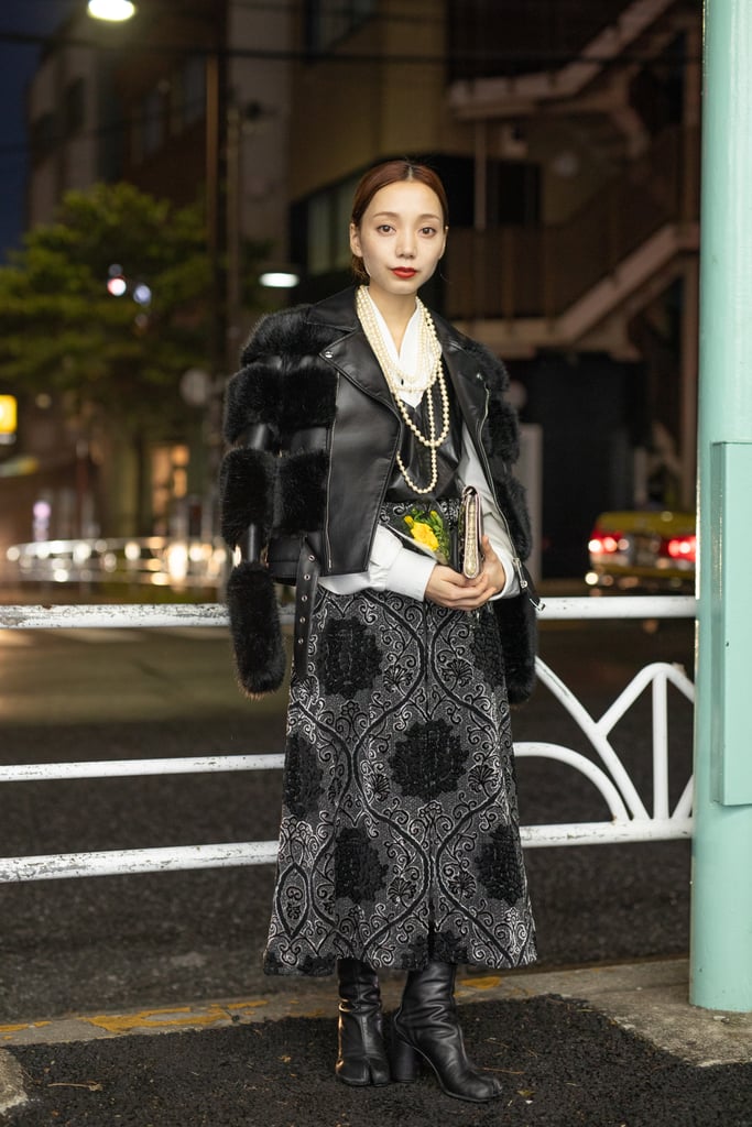 Balance a glamorous moto coat over your blouse, and complete with a velvet skirt and pearls.