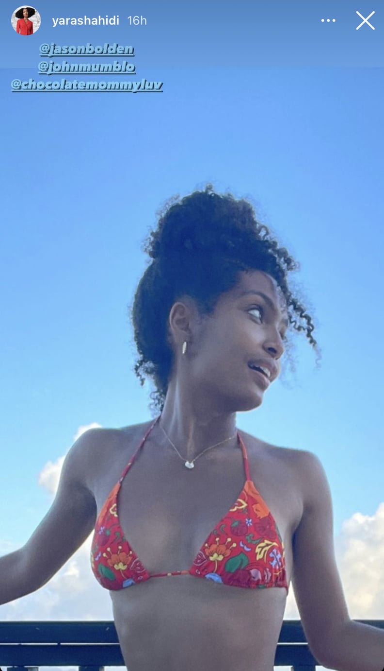 Yara Shahidi Wearing a Red Printed Tory Burch Bikini in Anguilla