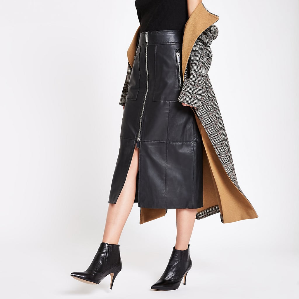 River Island Studio Black Leather Zip Front Midi Skirt