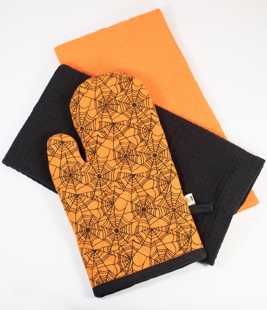 Orange Spiderweb Oven Mitt and Dish Towel Set