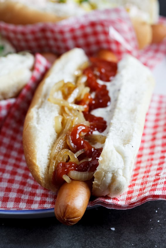 Classic Hot Dog With Mayo-Mustard and Fried Onions