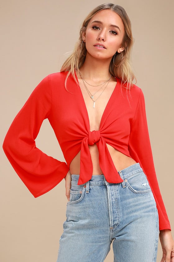 Lulus Coral Red Tie-Front Long Sleeve Crop Top