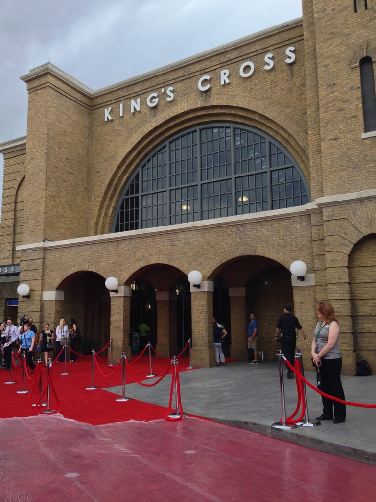 The red carpet in front of King's Cross Station gets prepped for the Harry Potter cast.
