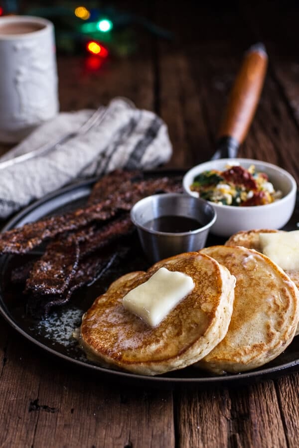 Buttermilk Ricotta Pancakes With Maple Candied Bacon and Eggs