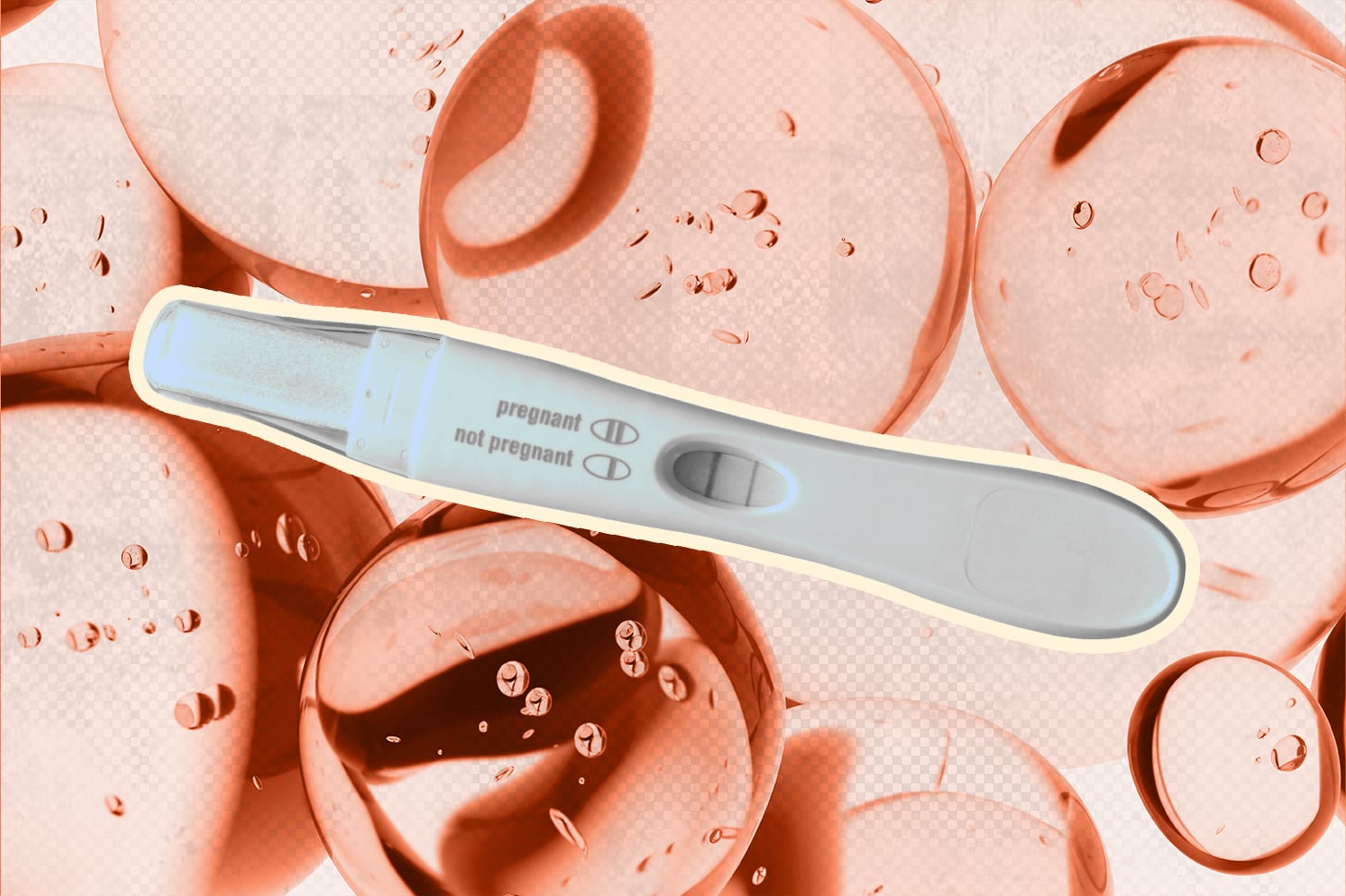 a collage of a pregnancy test over molecules close-up