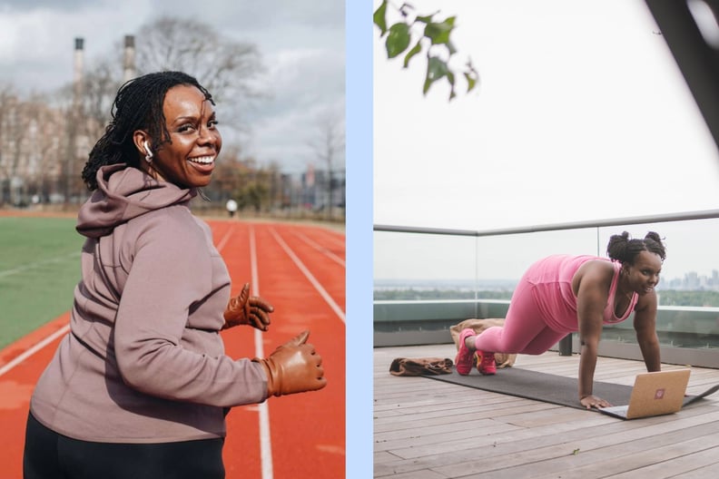 Side-by-side photos show fitness influencer CeCe Olisa running and looking back and the camera smiling, and being in a plank on a yoga mat.