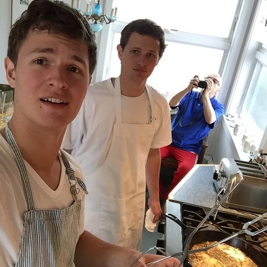On Mother's Day, Ansel took a selfie with his brother and his dad, writing, "Chef Elgorts making soft shell crabs on mothersday weekend."