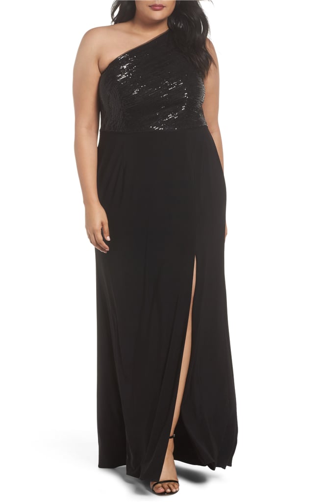 Adrianna Papell Sequin & Jersey One-Shoulder Gown