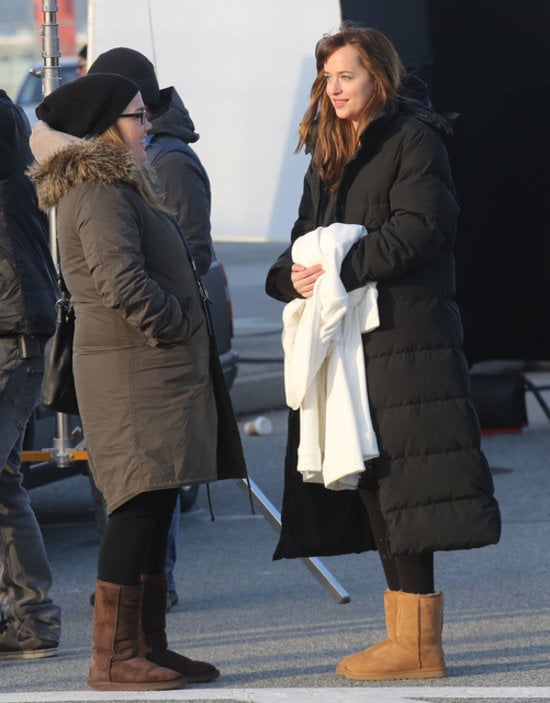 Johnson wore Uggs on the chilly Vancouver set.
