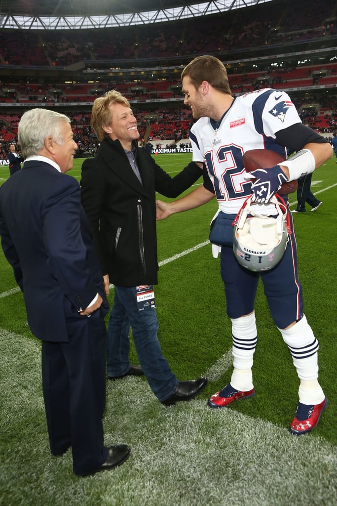 Jon Bon Jovi was greeted on the sidelines by Tom Brady as the New England Patriots took on the St. Louis Rams in February 2013.