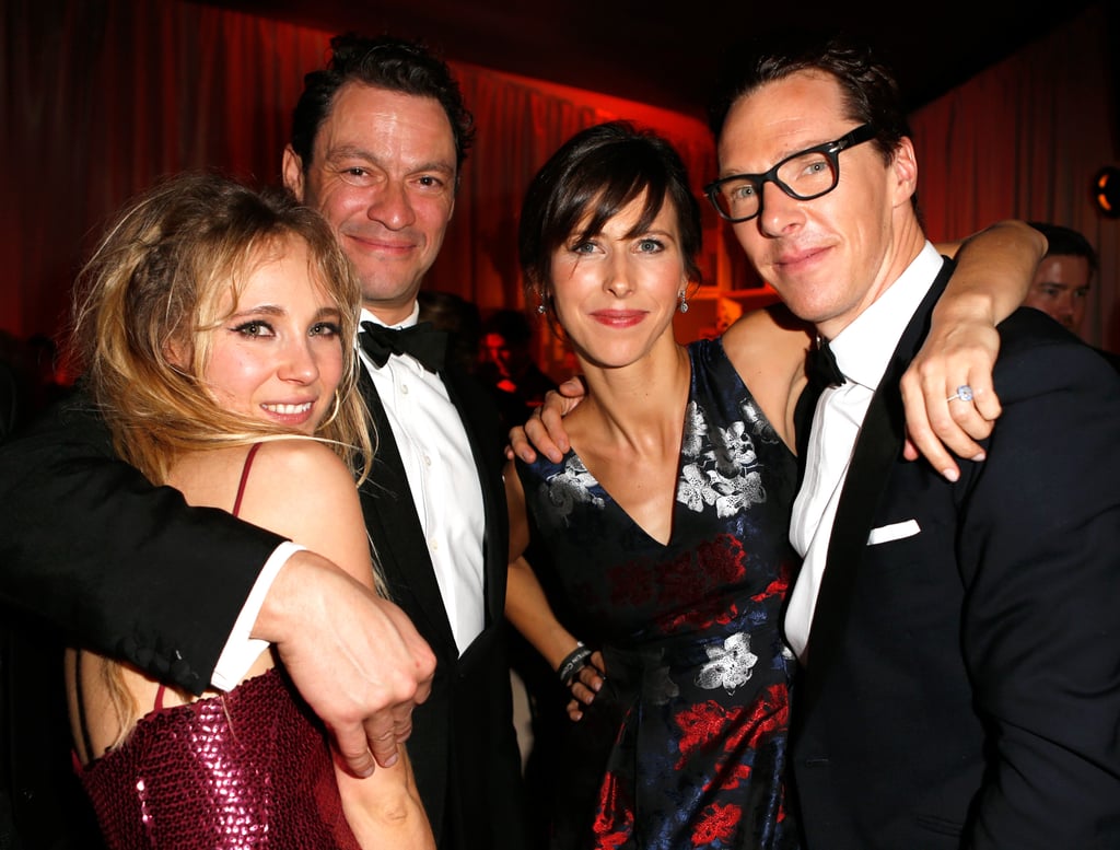 Benedict Cumberbatch and his pregnant fiancée, Sophie Hunter, partied with fellow Brits Dominic West and Juno Temple at the Weinstein Company event.