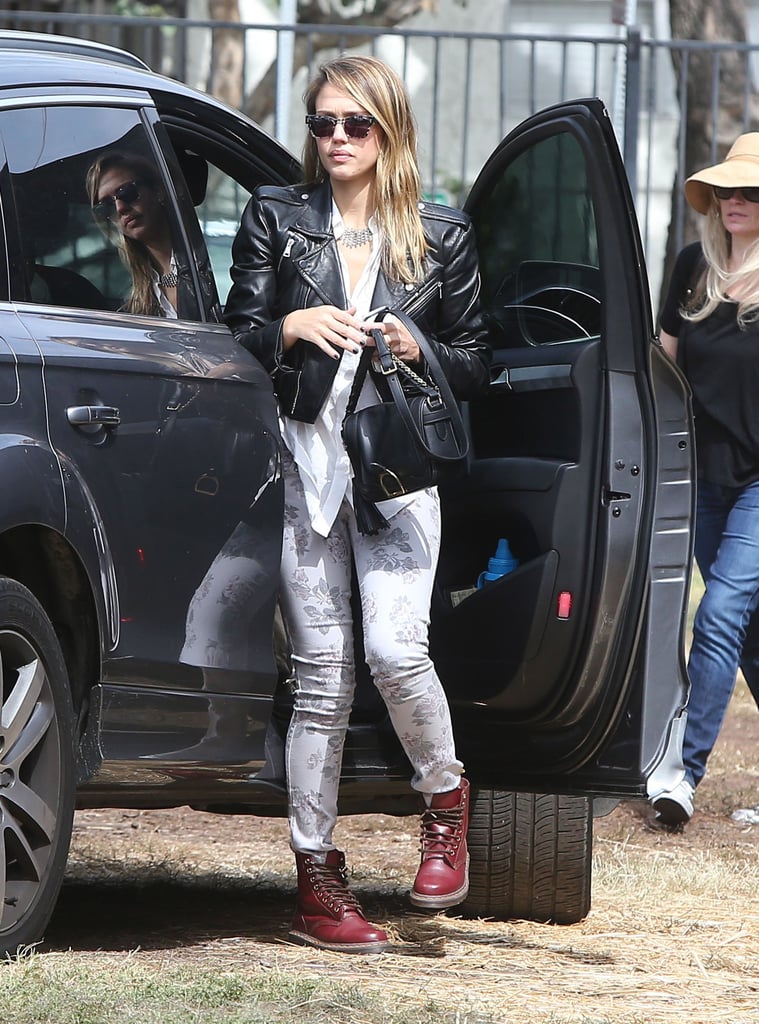 Jessica took on the '90s grunge trend in a studded Simone leather jacket, printed Current/Elliott denim, and oxblood Dr. Martens at Mr. Bones Pumpkin Patch in West Hollywood.