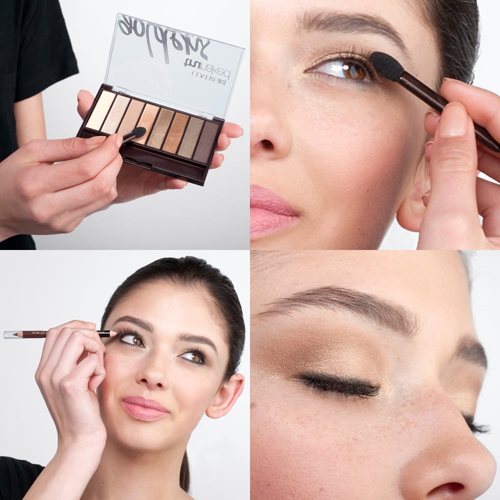 First, apply eye shadow using a gold palette with easily blendable shades. Wetting your brush before dipping it into the shadow will increase the color payoff and allow for highly pigmented hues. Concentrate the dark brown shade on the crease of your lid, followed by the bronze shade blended on the center of the lid, and finish with the light gold shade on the inner corners. Then, line the upper and bottom lash line with a creamy black eyeliner for a subtly smoky effect.