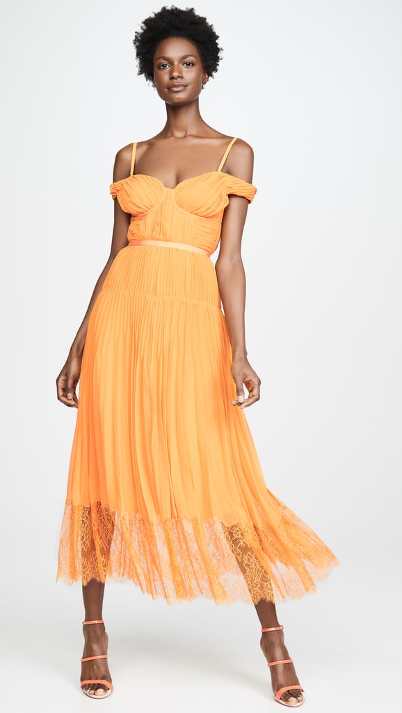 Self Portrait Orange Off Shoulder Pleated Chiffon Dress