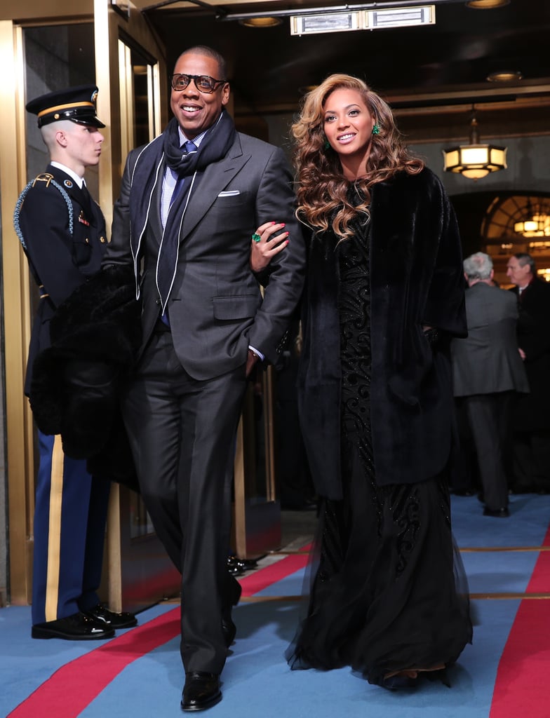 At President Obama's swearing-in ceremony in Washington DC, Beyoncé and JAY-Z brought two sophisticated ensembles. Beyoncé chose a black Emilio Pucci gown while JAY-Z wore a dark gray suit with a navy scarf.