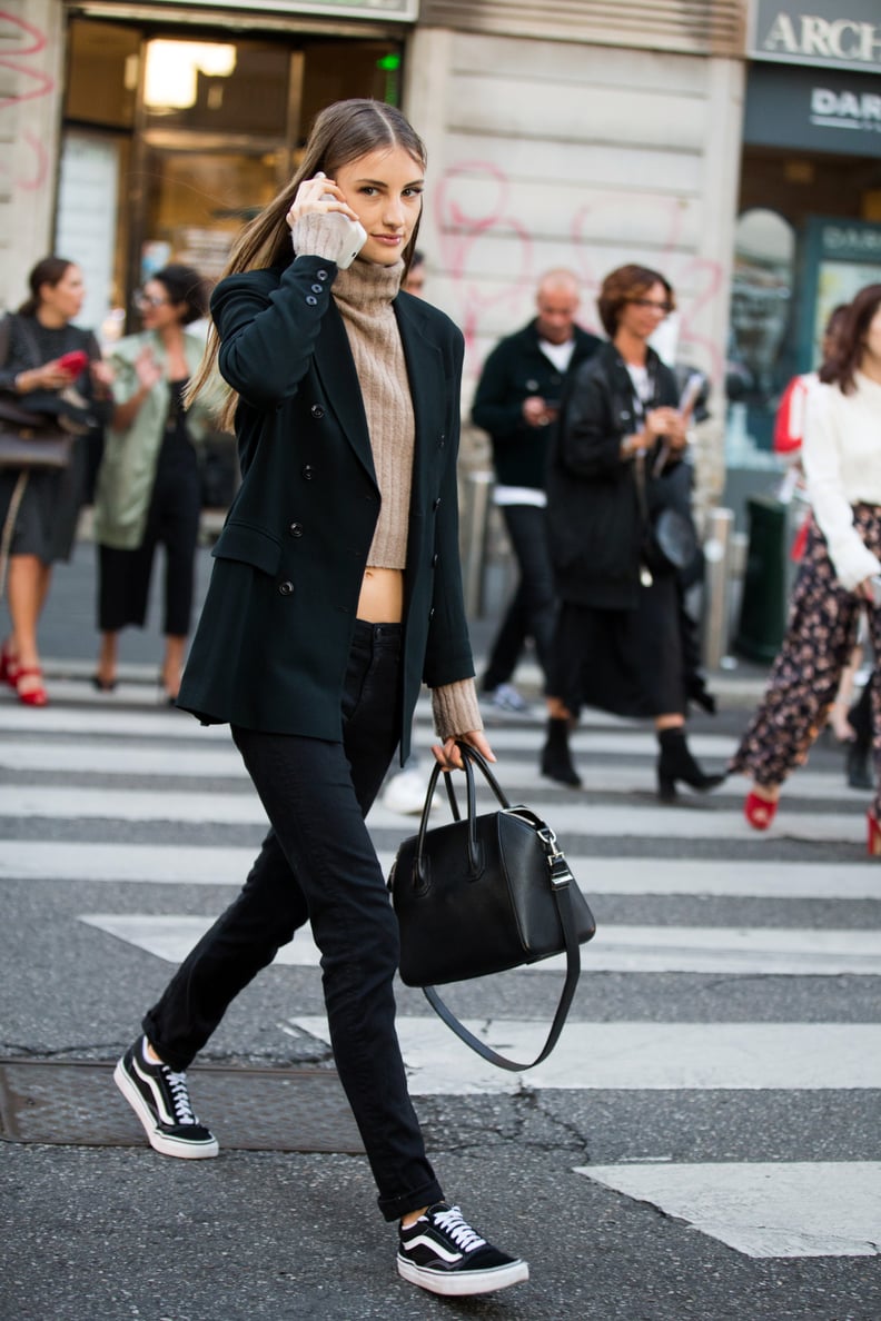 With a Blazer, Cropped Turtleneck, and Low-Rise Pants