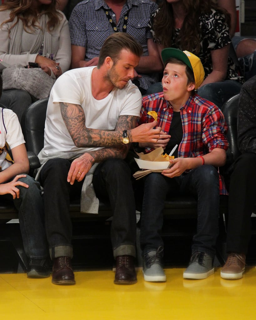 David and Brooklyn Beckham at the Lakers game.