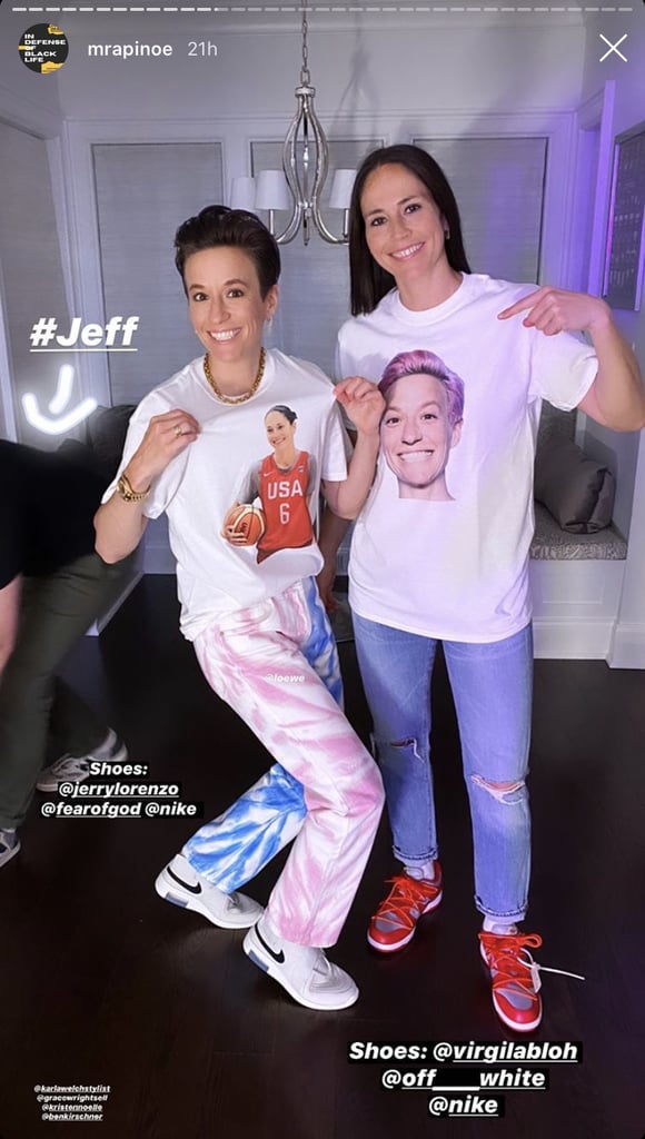 The pair appropriately ended the night in comfy clothing — they wore silly T-shirts with each other's faces on them, in addition to Fear of God Nikes on Megan and Off-White Nikes on Sue.