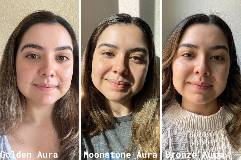 A Collage of a Woman Wearing Three Shades of the Keys Soulcare Let Me Glow Serum