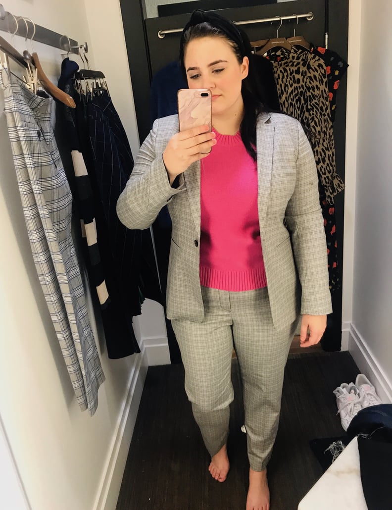 Gray Plaid Suit and Pink Sweater