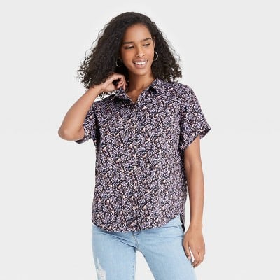 Universal Thread Dolman Short Sleeve Button Down Shirt 23 Floral