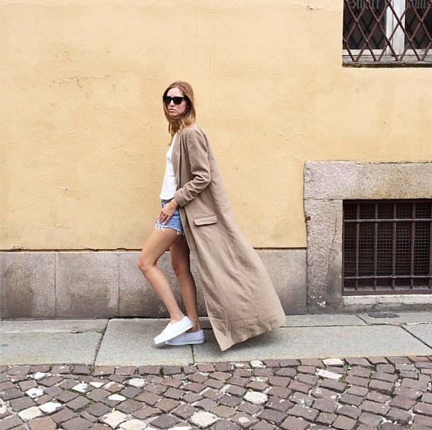 Try throwing on the casual cutoff-and-tee look that's been your go-to for the past three months, and then finish with a long, chic trench.
Source: Instagram user chiaraferragni