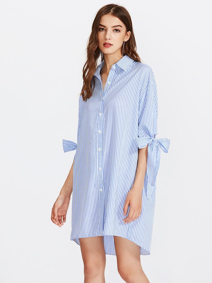 Shein Vertical Striped Bow Tie Cuff Dip Hem Shirt Dress