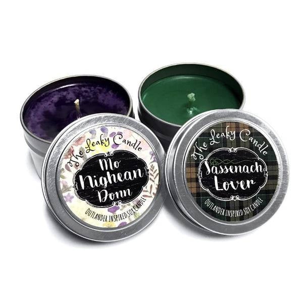 Sassenach Lover candle (notes of oakmoss, amber, and whiskey) and Mo Nighean Donn candle (notes of lavender, sea mist, and woodlands) — $12 for set.