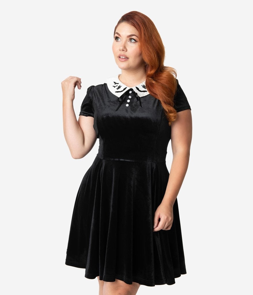 Hell Bunny Plus-Size Black Velvet and White Pointed Collar Full Moon Mini Dress
