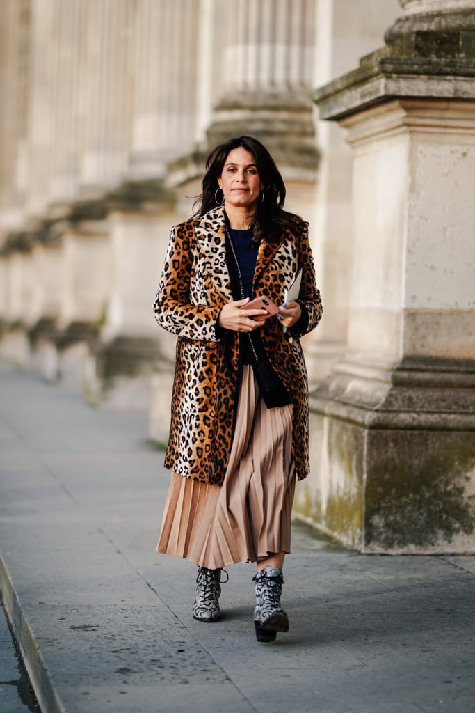 Style Your Leopard-Print Coat With: A Black Top, Tan Skirt, and Boots